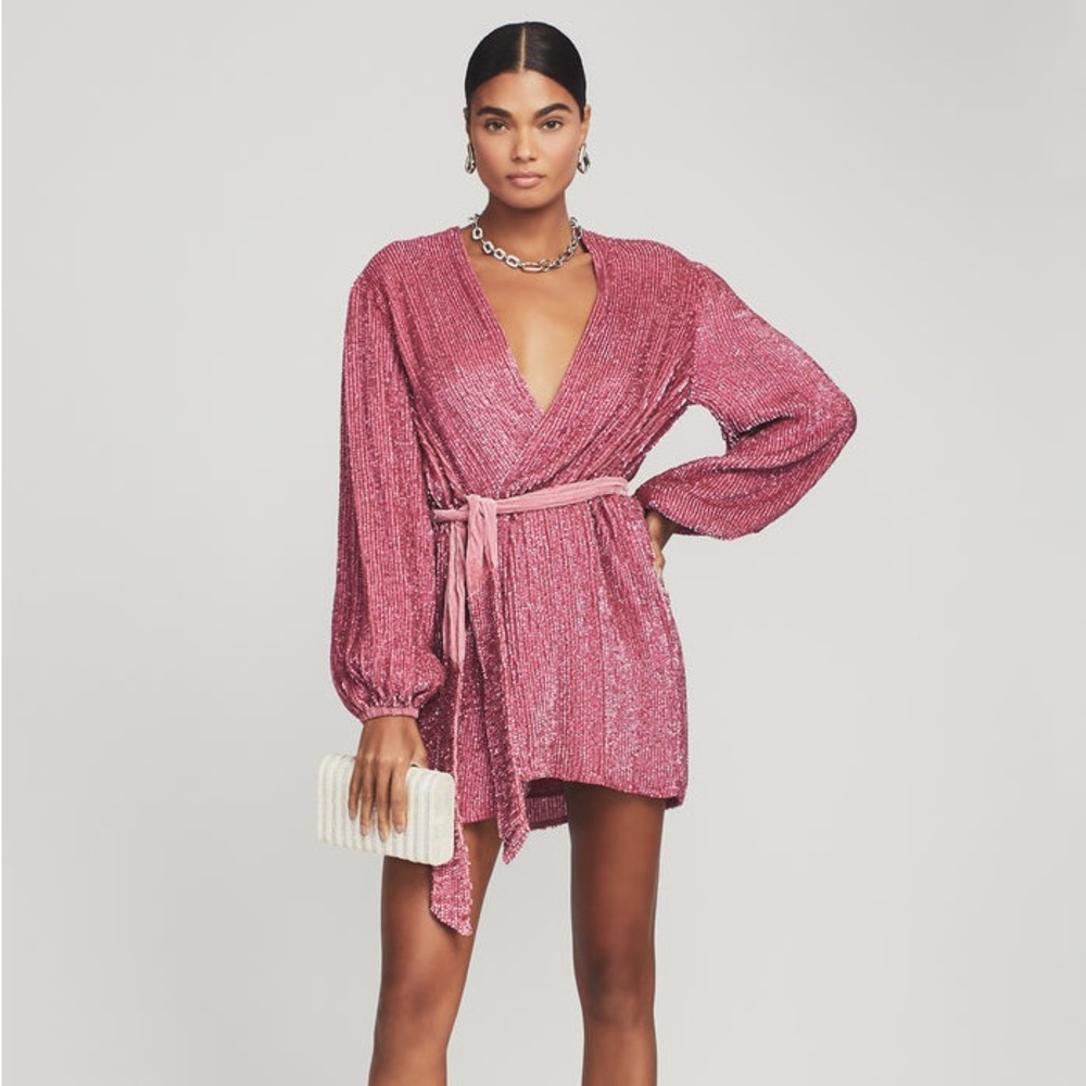 Retrofete Pink Sequin Wrap Mini Dress